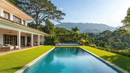 Fototapeta premium A classic luxury villa with a large pool, surrounded by a pristine lawn, tall trees, and scenic mountain views.
