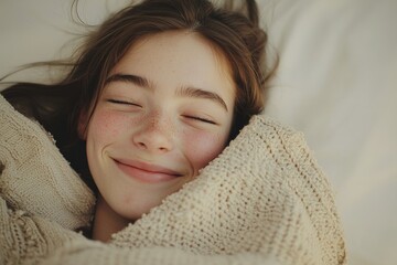a woman smiling in her sleep cuddling with a blanket