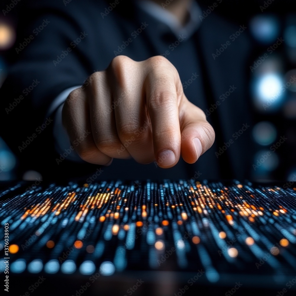 Poster close up of a hand interacting with a digital interface displaying lines of glowing orange code. dar