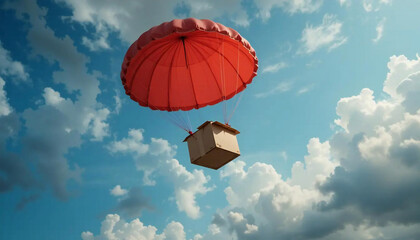 A cardboard box with an open lid is suspended in mid-air, gently descending with the help of a large red parachute against a bright blue sky