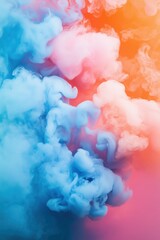 A dramatic action shot of billowing plumes of pink, blue, and orange dense smoke swirling in the air, set against a minimal background.