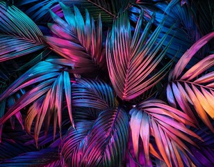 Creative fluorescent color layout made of tropical leaves. Flat lay neon colors. Nature conc