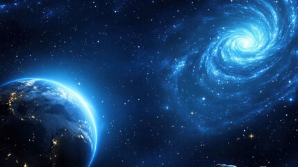 Fototapeta premium Earth and Spiral Galaxy in Deep Blue Cosmic Background with Stars and Celestial Bodies, Mysterious Vast Universe Astronomy Concept Design