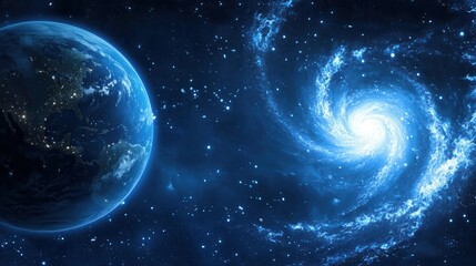  Earth and Spiral Galaxy in Deep Blue Cosmic Background with Stars and Celestial Bodies, Mysterious Vast Universe Astronomy Concept Design