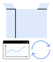 Open box with a window displaying a rising graph and circular arrows. Ideal for innovation, data analytics, process improvement, growth, strategy, ecommerce, logistics. Flat simple metaphor