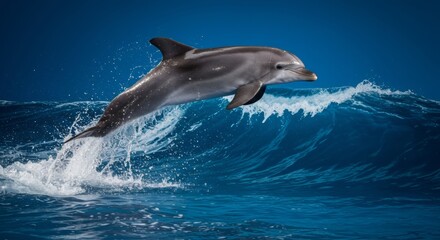 Fototapeta premium Dolphin leaping over ocean wave against bright blue sky