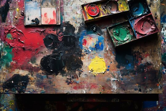 Paint Palette With Vibrant Colors on a Textured Wooden Surface Revealing the Artist's Creative Process in Full Swing Generative AI