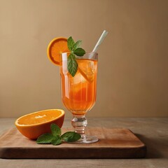 Refreshing orange cocktail with ice and mint on wooden table.