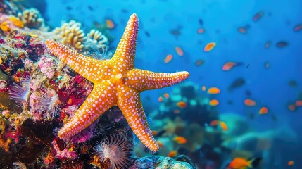 A close-up of a delicate starfish resting on the coral reef, with the vibrant hues of the reef and schools of small fish in the background.