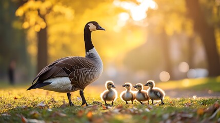 Fototapeta premium A Mother Goose with Soft, Fluffy Goslings Waddling Beside Her, Set Against a Lush, Green Park with Dappled Sunlight