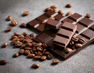 dark organic chocolate and coffee beans on concrete background