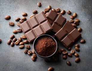 dark organic chocolate and coffee beans on concrete background
