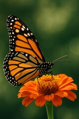 Fototapeta premium Monarch butterfly feeding on orange flower. Generated AI