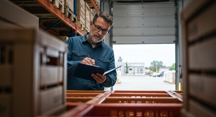Mature male warehouse worker taking inventory in storage facility