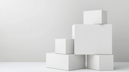 Minimalist display features a white box on three smaller boxes, surrounded by spheres against a clean, simple background