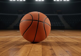 Basketball on hardwood court with stadium lights illuminating the background