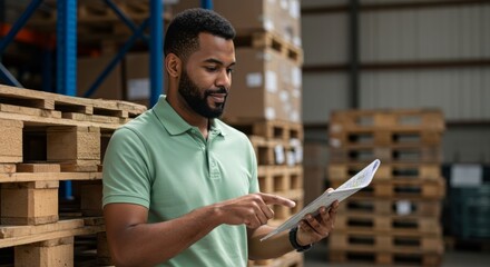 Young adult male warehouse worker using digital tablet amidst stacked pallets