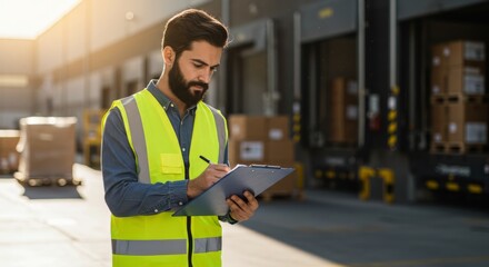 Young adult male in safety vest checks inventory at warehouse dock