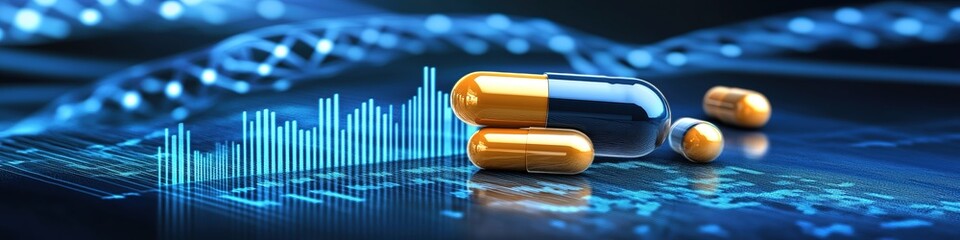 Innovative Medical Technology Concept: Rising Bar Graphs and DNA Helix on Blue Background. Abstract Healthcare Marketing Design with Modern Architecture Elements Symbolizing Industry Advancement and S