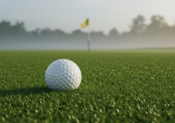 Obraz premium Close-up of a golf ball resting on green grass at dawn with fog in the background