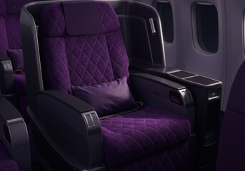 Luxurious deep purple business class airplane seat with chrome accents for ultimate comfort