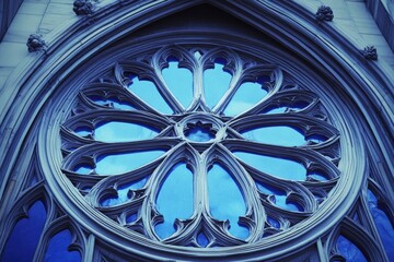 Obraz premium A stunning Gothic rose window with intricate stone tracery and vibrant blue glass, showcasing architectural beauty and timeless design.