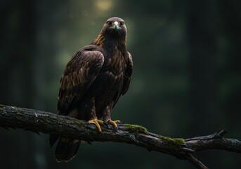 Golden eagle perched on a mossy branch in a serene forest setting during twilight hours