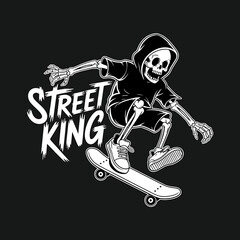 Street King Skeleton: Monochrome Illustration of a Grim Reaper Skateboarding, Urban Art Style