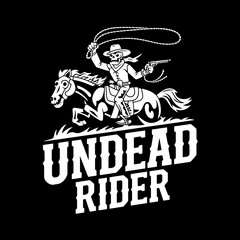 Naklejka premium Undead Cowboy Rider Illustration: Skeleton Cowboy with Lasso and Gun Riding a Horse, Vector Graphic for T-Shirt Design.