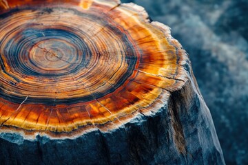 A petrified tree stump with vibrant concentric rings, showing its age and geological transformation over time.