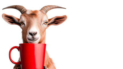 Goat with a red cup smiles mysteriously, cut out transparent