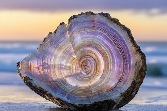 A polished petrified wood slice with vibrant purple hues sits on a beach at sunset, showing tree rings. - Powered by Adobe