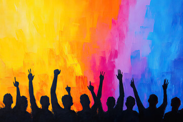 A vibrant crowd of silhouettes raising their hands in joyful celebration against a dynamic backdrop of warm, colorful brushstrokes.