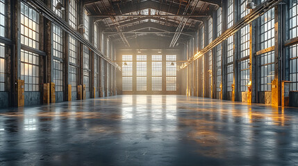 Interior of a empty factory. empty space for product display, industry background. empty warehouse.