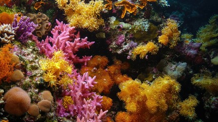 Fototapeta premium A close-up of an intricate coral reef structure, with spiny corals, soft corals, and sponges coexisting in a rich, colorful habitat.