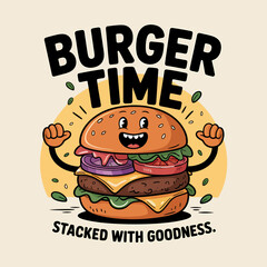 Funny Burger Cartoon Character Ready to Eat. Burger time with a smiling sandwich mascot. Perfect for menus, food designs, and advertising.
