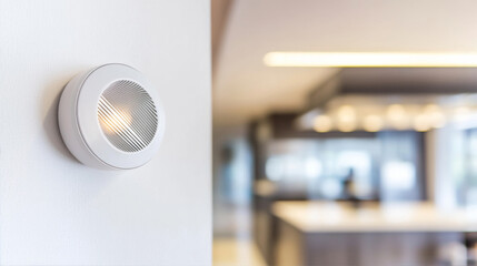 Close-up of a carbon monoxide detector mounted on a white wall, symbolizing home safety and awareness in modern living spaces.	