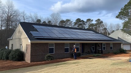 Obraz premium Residential home with solar panels installed on roof, worker inspecting.