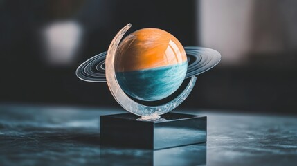 Resin art globe with rings on a stand.
