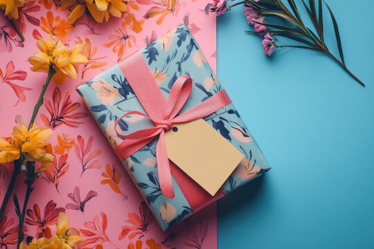 Gift box wrapped in brown craft paper and black ribbon, adorned with elegant handmade paper flowers blank black tag, symbolizing eco-luxury, creativity,personalized gift-giving.mock up,banner