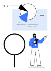 Businessman pointing at pie chart with magnifying glass nearby, symbolizing analysis, strategy, research. Ideal for presentation, data analysis, business solutions, planning, research education