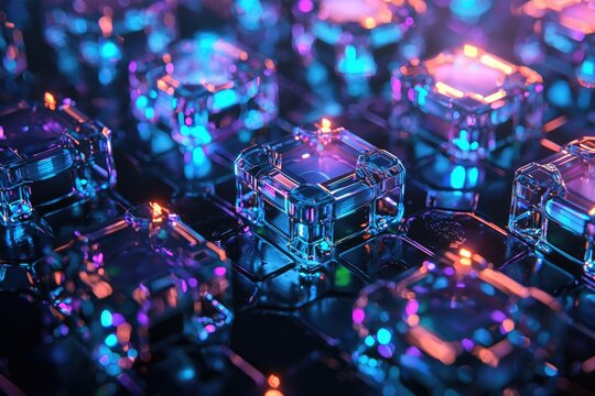 Futuristic abstract arrangement of interconnected glass cubes glowing with neon blue and purple light on a reflective, hexagonal surface.