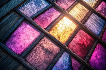 A close-up shot showcasing a colorful stained glass window with wooden frames, radiating light and artistic flair.