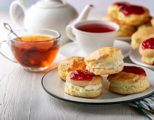 English cream teas, scones with jam and cream, tea with milk, with sandwiches on the back,