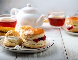 English cream teas, scones with jam and cream, tea with milk, with sandwiches on the back,
