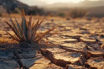 A lone desert plant bravely survives in cracked, dry earth, bathed in the warm glow of the setting sun.