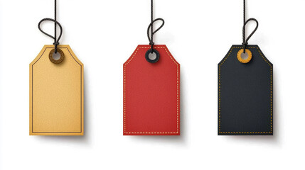 Close-up of blank multicolored paper tag with string on clean white background, perfect for eco-friendly product labeling, price tags or branding mockups. Copy space. Banner style composition