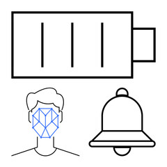 Battery icon, human face with geometric facial mapping, and notification bell icon. Ideal for technology, security, AI, notifications, energy biometrics innovation. Flat simple metaphor
