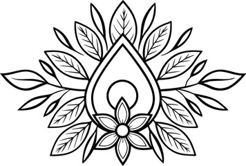 Floral Drop Shape Design, Black Outline Drawing with Leaves, on Transparent Background