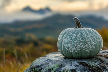 Frosted blue pumpkin sits atop a mossy rock, with mountains fading into the distant background.